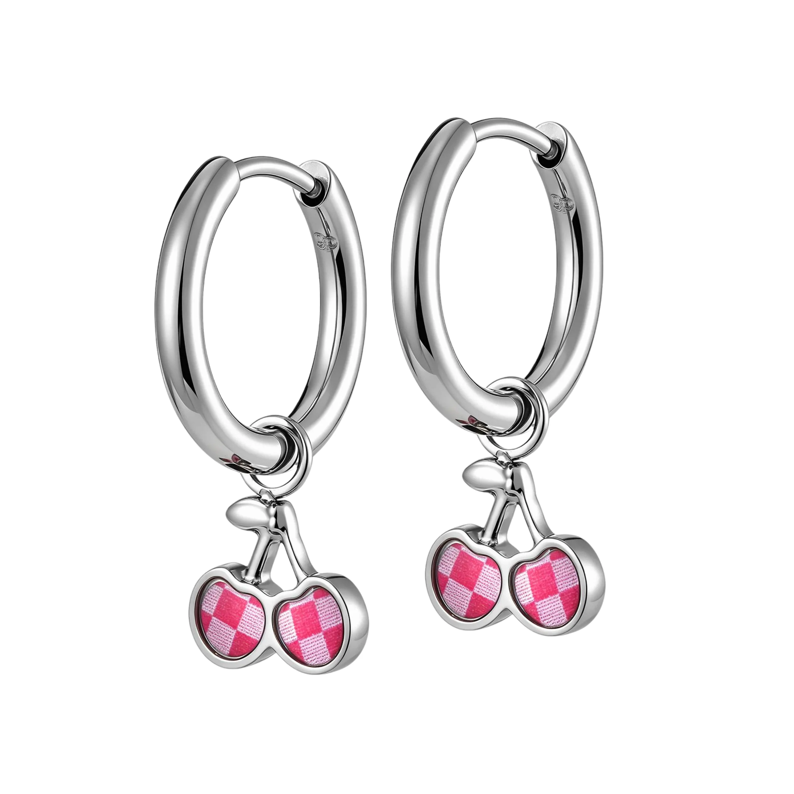Cherry Gingham Charm Hoops in Titanium - Image 2
