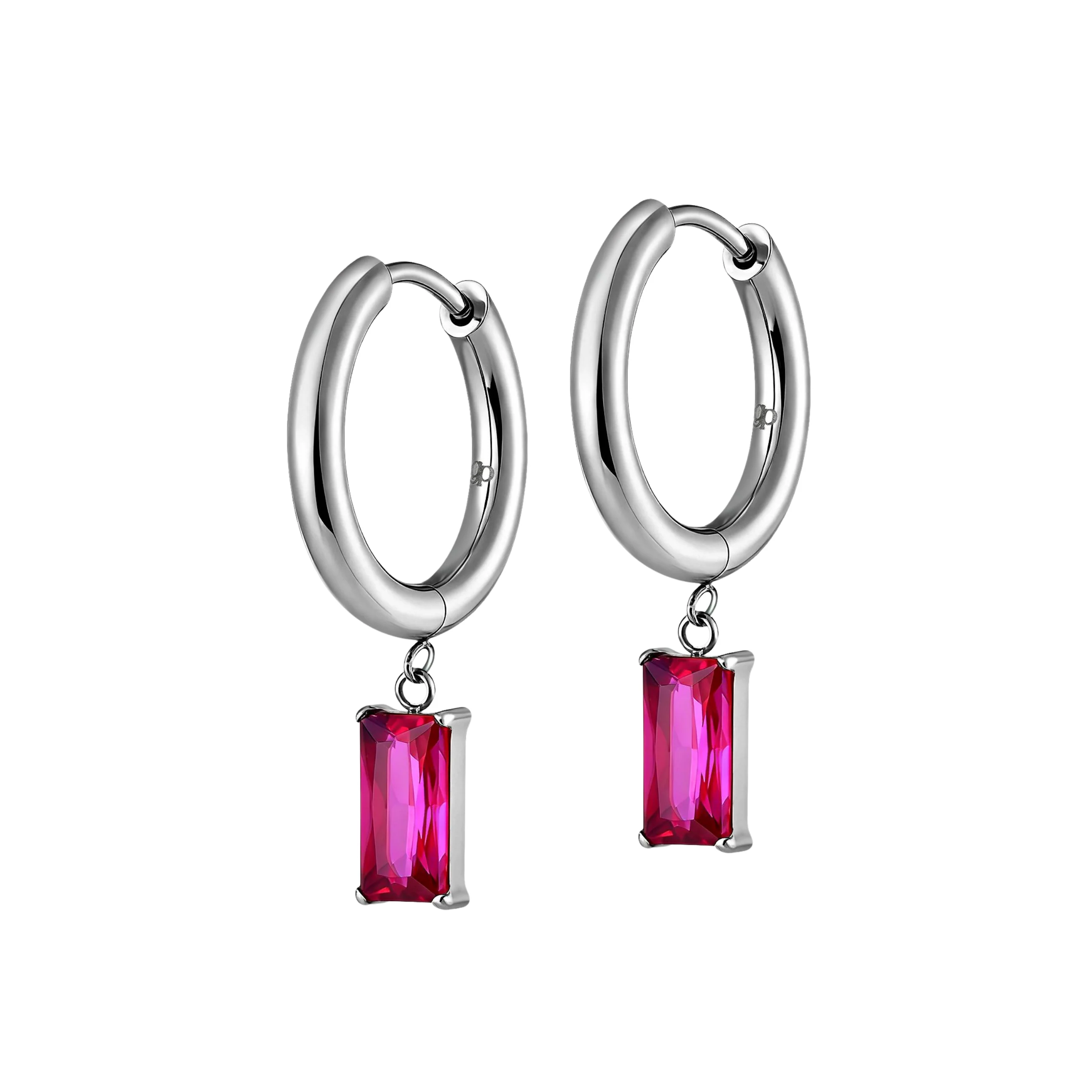 Pink Punch Baguette Charm Hoops in Titanium - Image 2