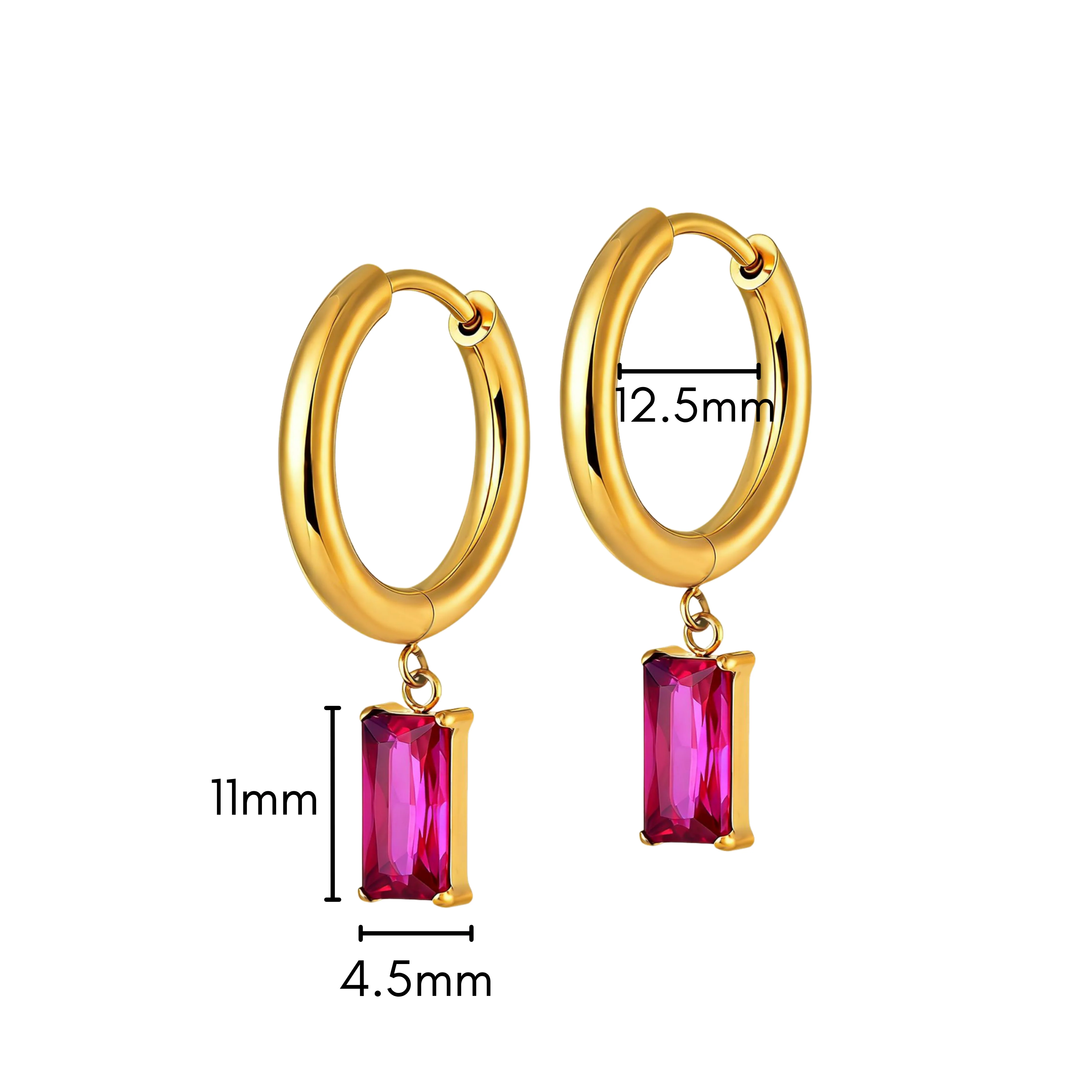 Pink Punch Baguette Charm Hoops in Titanium - Image 3
