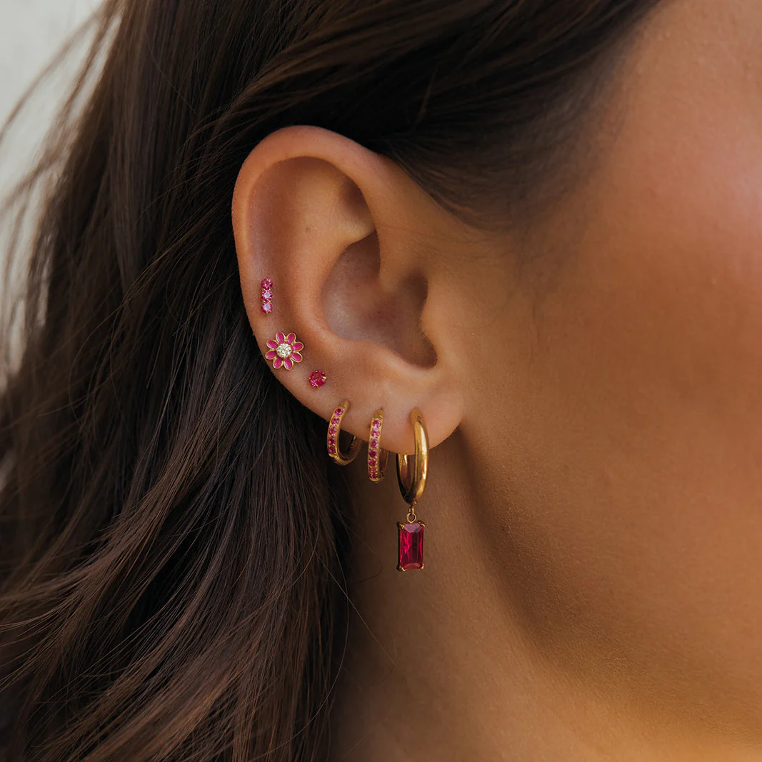 Pink Punch Baguette Charm Hoops in Titanium - Image 4